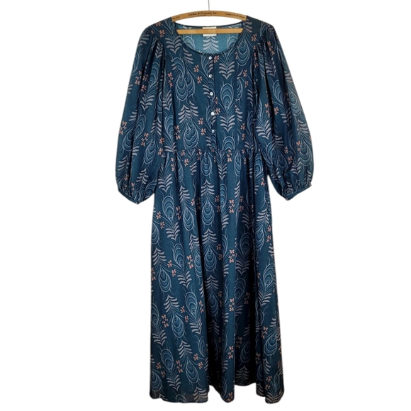 WRAP LONDON Puff Sleeve Feathers & Floral Printed Cotton Midi Dress Sz 14 - Picture 4 of 12